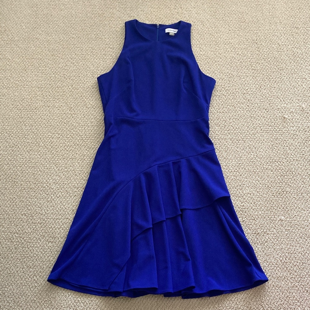 Calvin Klein High Neck Pleated Midi Dress Bright Blue Fit Flare Size 10 Like New